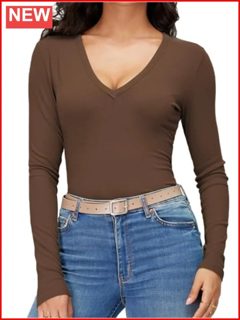Women's Long Sleeve V Neck Ribbed Knit Slim Fit Business Casual Top